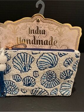 Made in India Beaded Shell 🐚 Cosmetic Pouch Blue and White